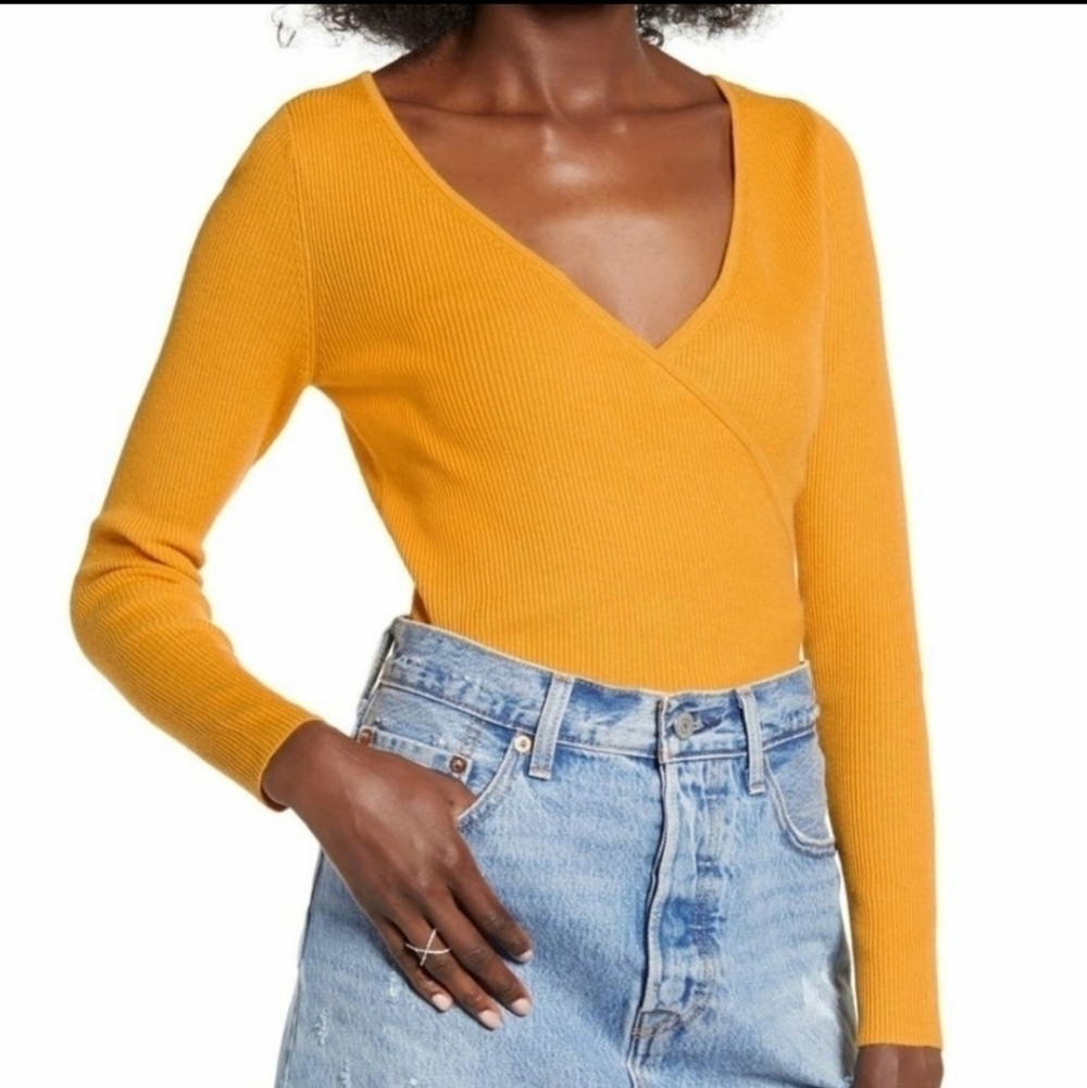 NEW Leith Faux Wrap Yellow Mustard Sweater